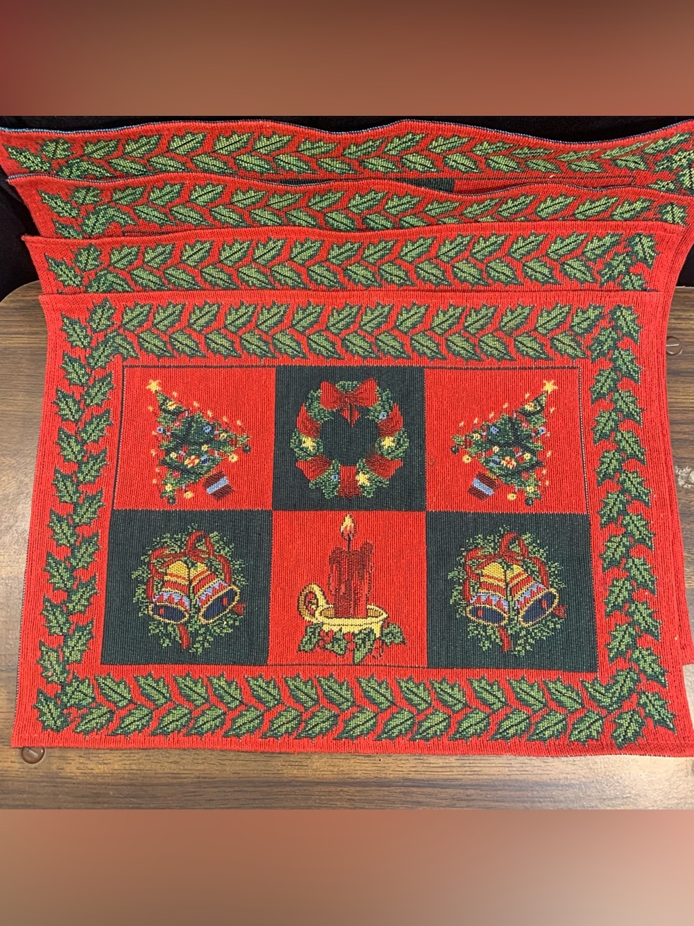 Set of 4 Vintage Tapestry Christmas Holiday Fabric Placemats Rectangular